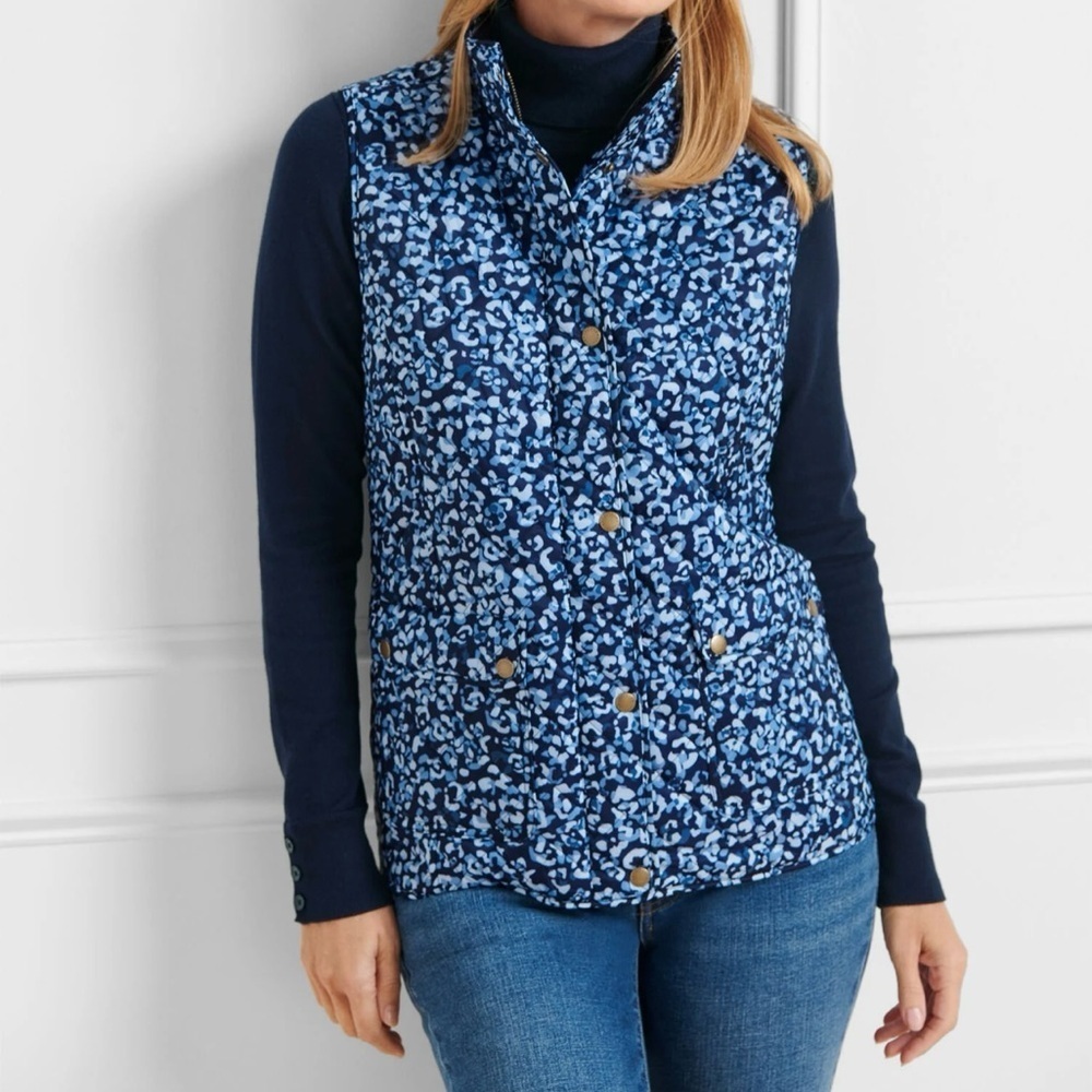 Talbots Blue Quilted Puffer Vest | Animal Print | Lightweight Fall Layer | Small